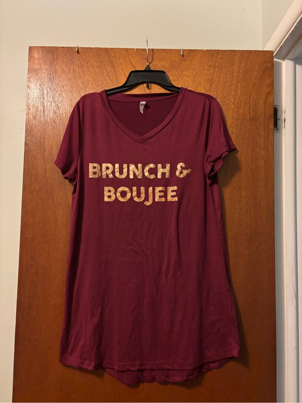 V-Neck Sleep Tee - Burgundy with Gold Print